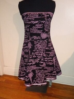 Black Strapless Fit-and-Flare Dress with Pink Script and Trim